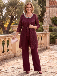 3 Pieces Long Sleeves Plus Size Mother of the Bride/Groom Pantsuit with Jacket Lace Jewel Floor Length