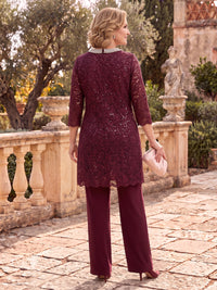 3 Pieces Long Sleeves Plus Size Mother of the Bride/Groom Pantsuit with Jacket Lace Jewel Floor Length