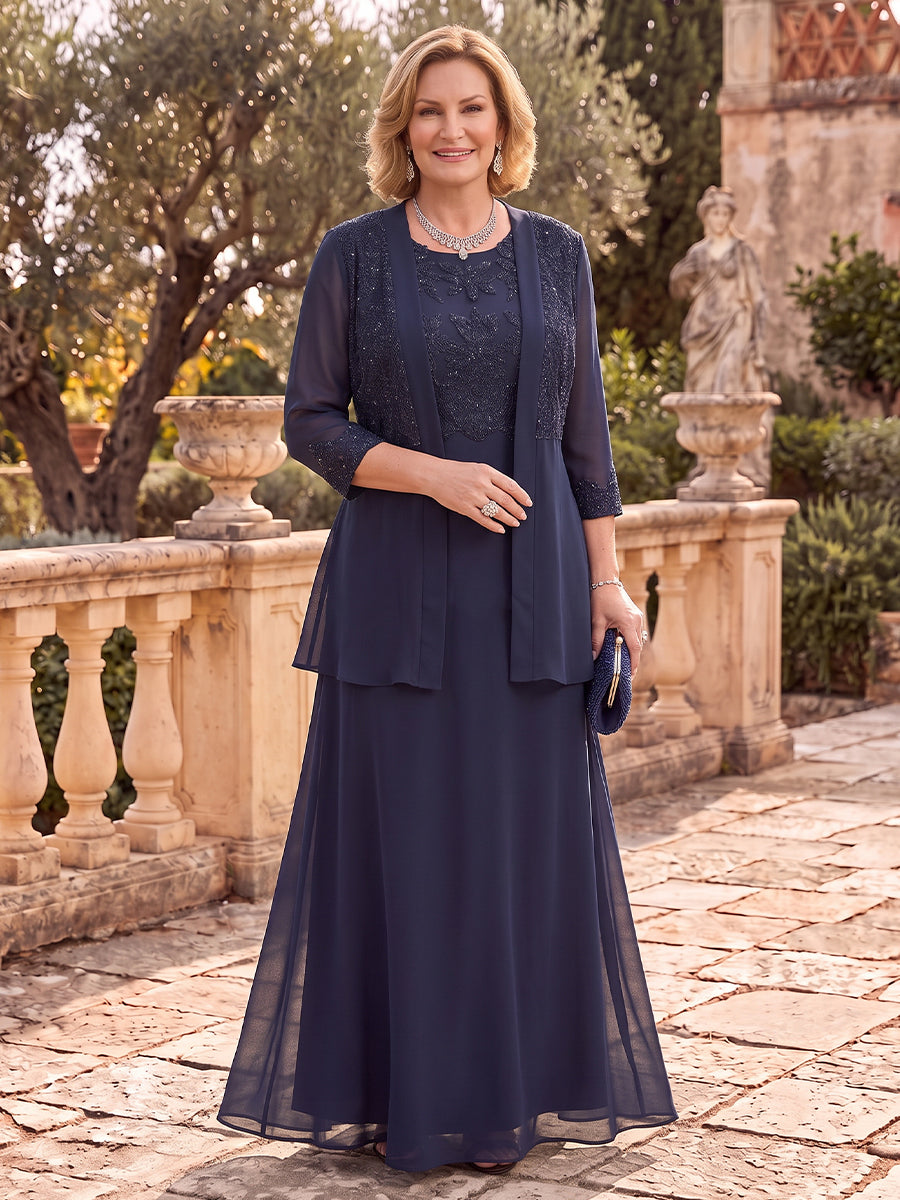 2 Pieces Long Sleeves Plus Size Mother of the Bride/Groom Dresses with Jacket Lace Jewel Floor Length