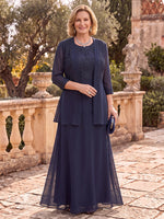 2 Pieces Long Sleeves Plus Size Mother of the Bride/Groom Dresses with Jacket Lace Jewel Floor Length