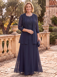 2 Pieces Long Sleeves Plus Size Mother of the Bride/Groom Dresses with Jacket Lace Jewel Floor Length