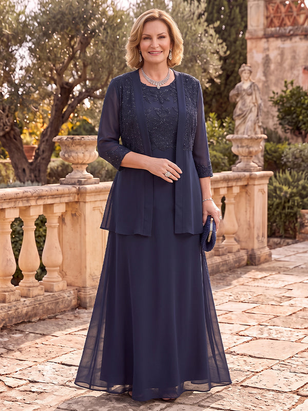2 Pieces Long Sleeves Plus Size Mother of the Bride/Groom Dresses with Jacket Lace Jewel Floor Length