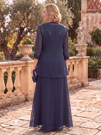 2 Pieces Long Sleeves Plus Size Mother of the Bride/Groom Dresses with Jacket Lace Jewel Floor Length