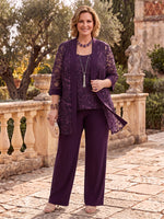 3 Pieces 3/4 Sleeves Plus Size Mother of the Bride/Groom Pantsuit with Jacket Jewel Lace Floor Length