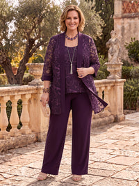 3 Pieces 3/4 Sleeves Plus Size Mother of the Bride/Groom Pantsuit with Jacket Jewel Lace Floor Length