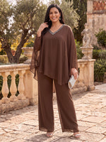 2 Pieces Plus Size Long Sleeves Chiffon Mother of the Bride/Groom Pantsuit V Neck Floor Length with Cape