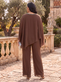2 Pieces Plus Size Long Sleeves Chiffon Mother of the Bride/Groom Pantsuit V Neck Floor Length with Cape
