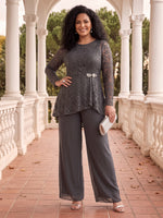 2 Pieces Plus Size Long Sleeves Lace Mother of the Bride/Groom Pantsuit Scoop Neck Floor Length