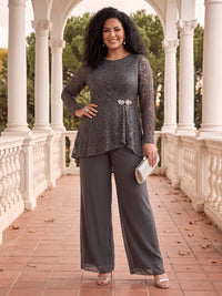 2 Pieces Plus Size Long Sleeves Lace Mother of the Bride/Groom Pantsuit Scoop Neck Floor Length