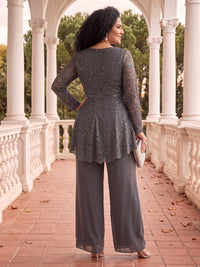 2 Pieces Plus Size Long Sleeves Lace Mother of the Bride/Groom Pantsuit Scoop Neck Floor Length