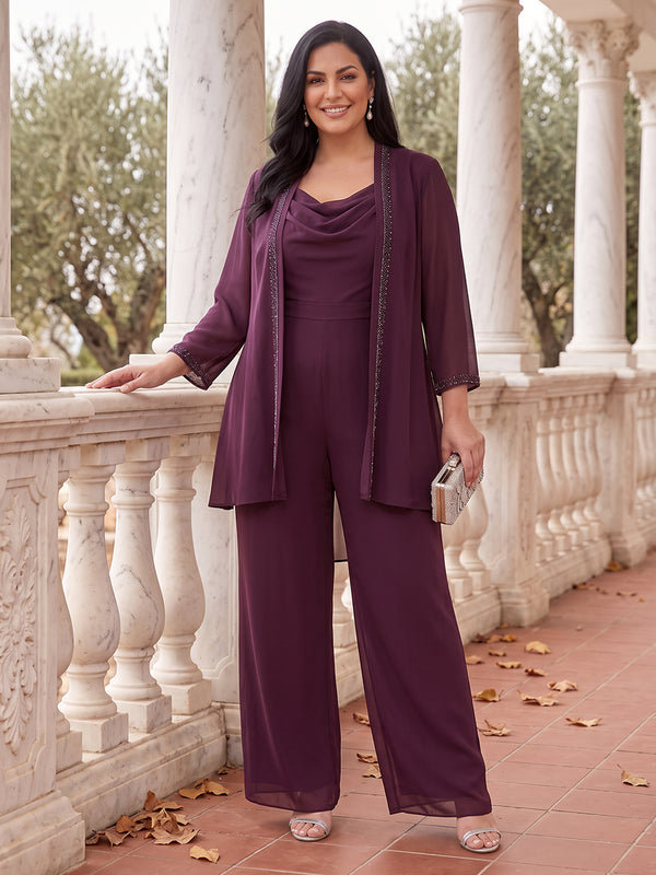 2 Pieces Plus Size Long Sleeves Mother of the Bride/Groom Pantsuit Chiffon Cowl Neck Floor Length with Jacket