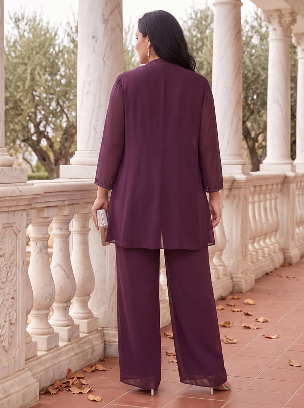 2 Pieces Plus Size Long Sleeves Mother of the Bride/Groom Pantsuit Chiffon Cowl Neck Floor Length with Jacket