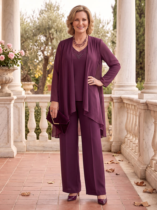 3 Pieces Plus Size Long Sleeves Mother of the Bride/Groom Pantsuit Chiffon Floor Length V Neck with Jacket