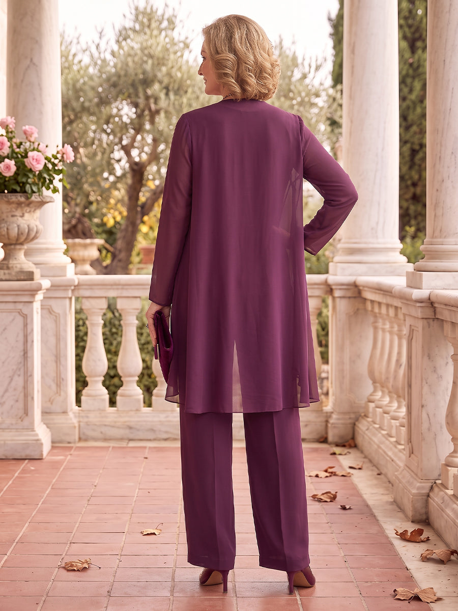 3 Pieces Plus Size Long Sleeves Mother of the Bride/Groom Pantsuit Chiffon Floor Length V Neck with Jacket