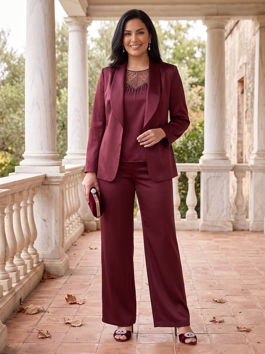 3 Pieces Plus Size Long Sleeves Mother of the Bride/Groom Pantsuit Satin Floor Length Scoop Neck with Jacket