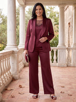 3 Pieces Plus Size Long Sleeves Mother of the Bride/Groom Pantsuit Satin Floor Length Scoop Neck with Jacket