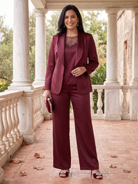 3 Pieces Plus Size Long Sleeves Mother of the Bride/Groom Pantsuit Satin Floor Length Scoop Neck with Jacket
