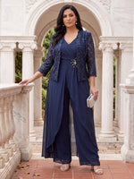 2 Pieces Plus Size 3/4 Sleeves Mother of the Bride/Groom Pantsuit Lace Floor Length V Neck with Jacket