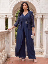 2 Pieces Plus Size 3/4 Sleeves Mother of the Bride/Groom Pantsuit Lace Floor Length V Neck with Jacket