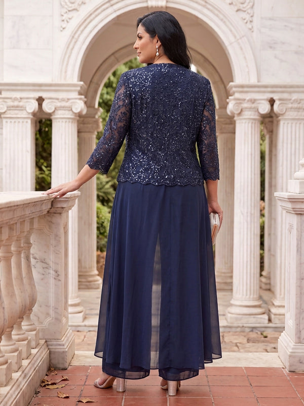 2 Pieces Plus Size 3/4 Sleeves Mother of the Bride/Groom Pantsuit Lace Floor Length V Neck with Jacket