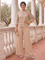 2 Pieces Plus Size 3/4 Sleeves Mother of the Bride/Groom Pantsuit Sequin Floor Length Scoop Neck