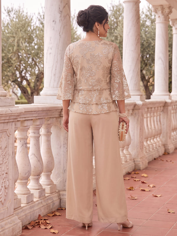 2 Pieces Plus Size 3/4 Sleeves Mother of the Bride/Groom Pantsuit Sequin Floor Length Scoop Neck
