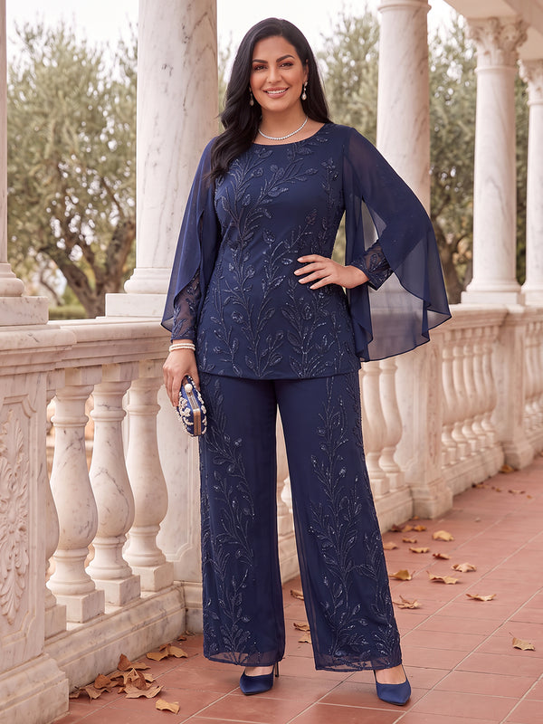 2 Pieces Plus Size Cape Sleeves Mother of the Bride/Groom Pantsuit Lace Floor Length Scoop Neck