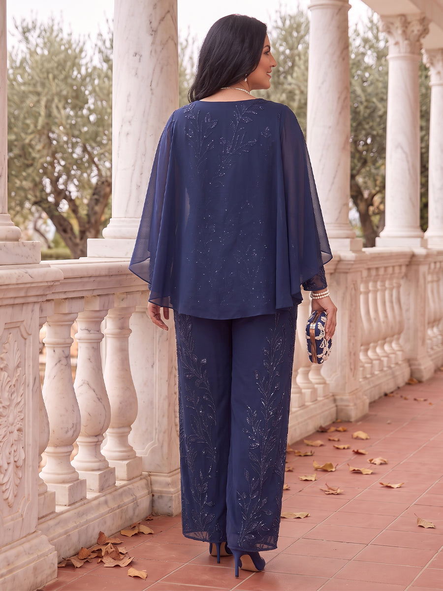 2 Pieces Plus Size Cape Sleeves Mother of the Bride/Groom Pantsuit Lace Floor Length Scoop Neck