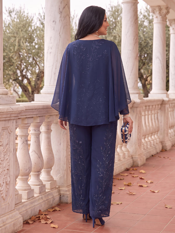 2 Pieces Plus Size Cape Sleeves Mother of the Bride/Groom Pantsuit Lace Floor Length Scoop Neck