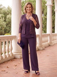 3 Pieces 3/4 Sleeves Plus Size Mother of the Bride/Groom Pantsuit with Jacket Lace Floor Length V Neck