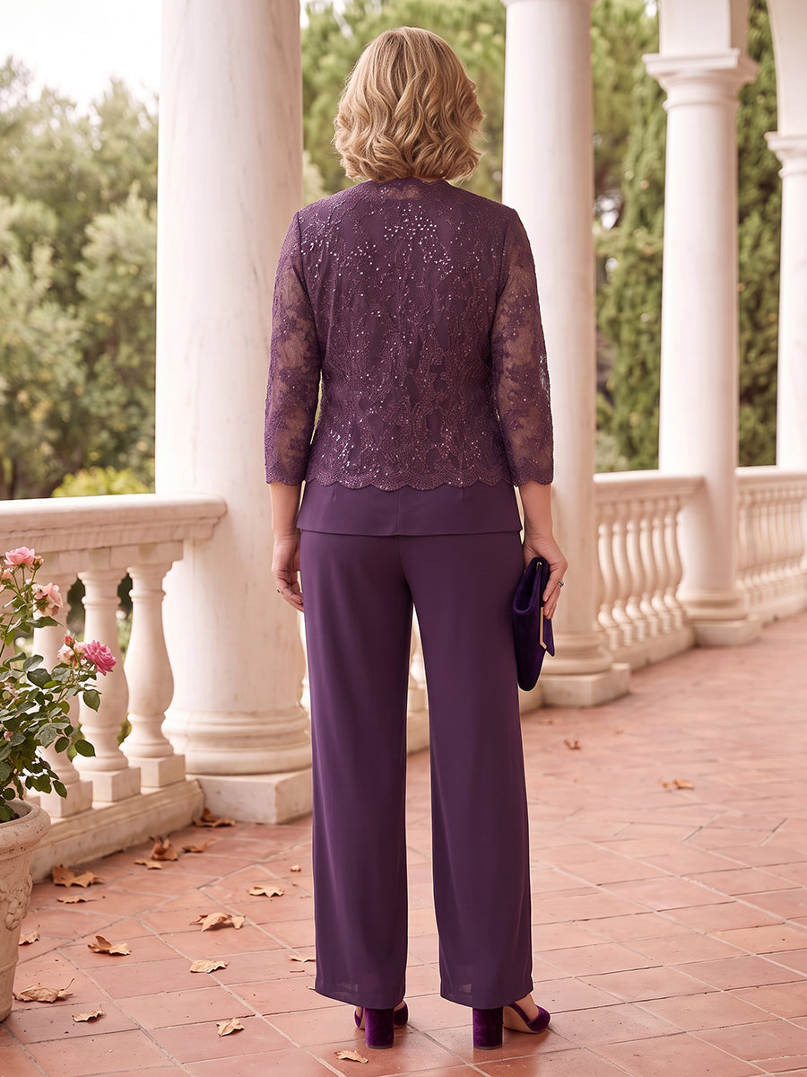 3 Pieces 3/4 Sleeves Plus Size Mother of the Bride/Groom Pantsuit with Jacket Lace Floor Length V Neck