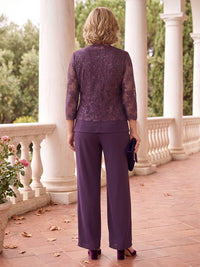 3 Pieces 3/4 Sleeves Plus Size Mother of the Bride/Groom Pantsuit with Jacket Lace Floor Length V Neck