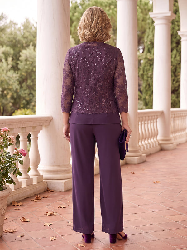 3 Pieces 3/4 Sleeves Plus Size Mother of the Bride/Groom Pantsuit with Jacket Lace Floor Length V Neck