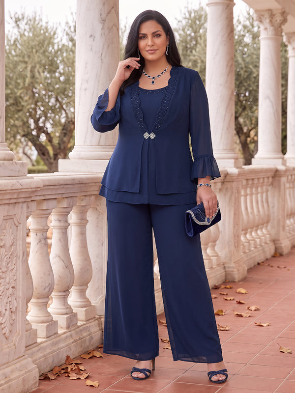 3 Pieces Plus Size Long Sleeves Mother of the Bride/Groom Pantsuit Chiffon Floor Length Scoop Neck
