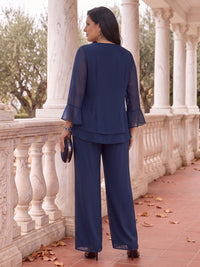 3 Pieces Plus Size Long Sleeves Mother of the Bride/Groom Pantsuit Chiffon Floor Length Scoop Neck