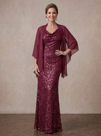 2 Pieces Plus Size 3/4 Sleeves Mother of the Bride/Groom Dresses Sequin Floor Length Cowl Neck with Shawl
