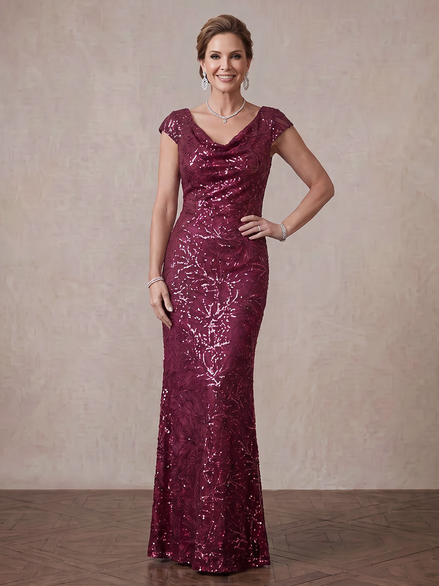 2 Pieces Plus Size 3/4 Sleeves Mother of the Bride/Groom Dresses Sequin Floor Length Cowl Neck with Shawl