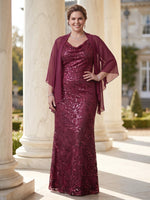 2 Pieces Plus Size 3/4 Sleeves Mother of the Bride/Groom Dresses Sequin Floor Length Cowl Neck with Shawl
