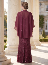 2 Pieces Plus Size 3/4 Sleeves Mother of the Bride/Groom Dresses Sequin Floor Length Cowl Neck with Shawl
