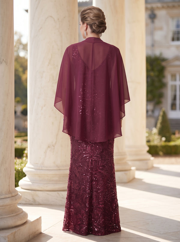 2 Pieces Plus Size 3/4 Sleeves Mother of the Bride/Groom Dresses Sequin Floor Length Cowl Neck with Shawl