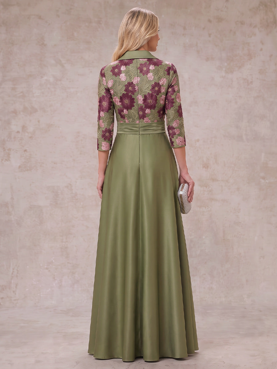 Jacquard Plus Size 3/4 Sleeves Mother of the Bride/Groom Dresses V Neck A Line Floor Length with Belt