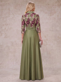 Jacquard Plus Size 3/4 Sleeves Mother of the Bride/Groom Dresses V Neck A Line Floor Length with Belt