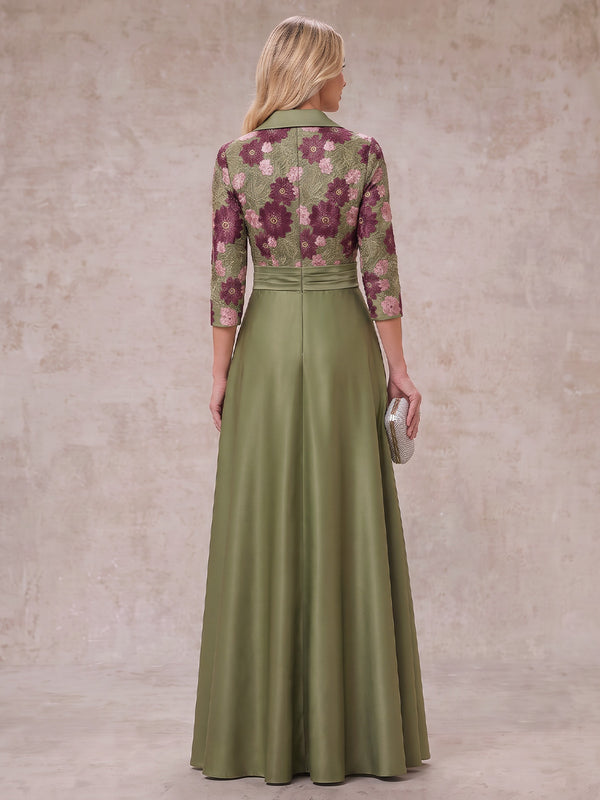 Jacquard Plus Size 3/4 Sleeves Mother of the Bride/Groom Dresses V Neck A Line Floor Length with Belt