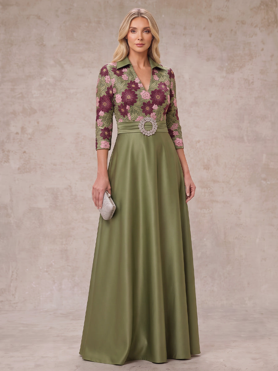Jacquard Plus Size 3/4 Sleeves Mother of the Bride/Groom Dresses V Neck A Line Floor Length with Belt