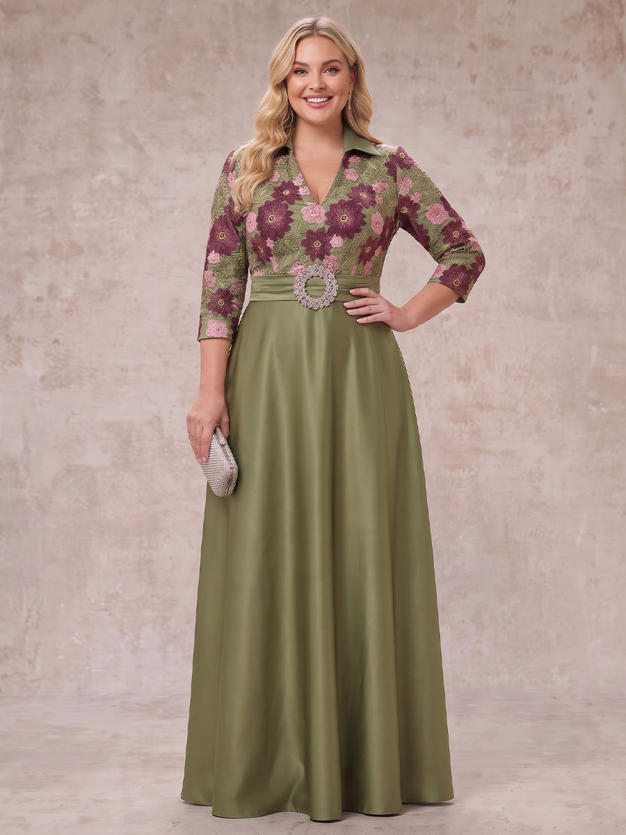 Jacquard Plus Size 3/4 Sleeves Mother of the Bride/Groom Dresses V Neck A Line Floor Length with Belt