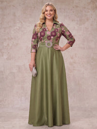Jacquard Plus Size 3/4 Sleeves Mother of the Bride/Groom Dresses V Neck A Line Floor Length with Belt