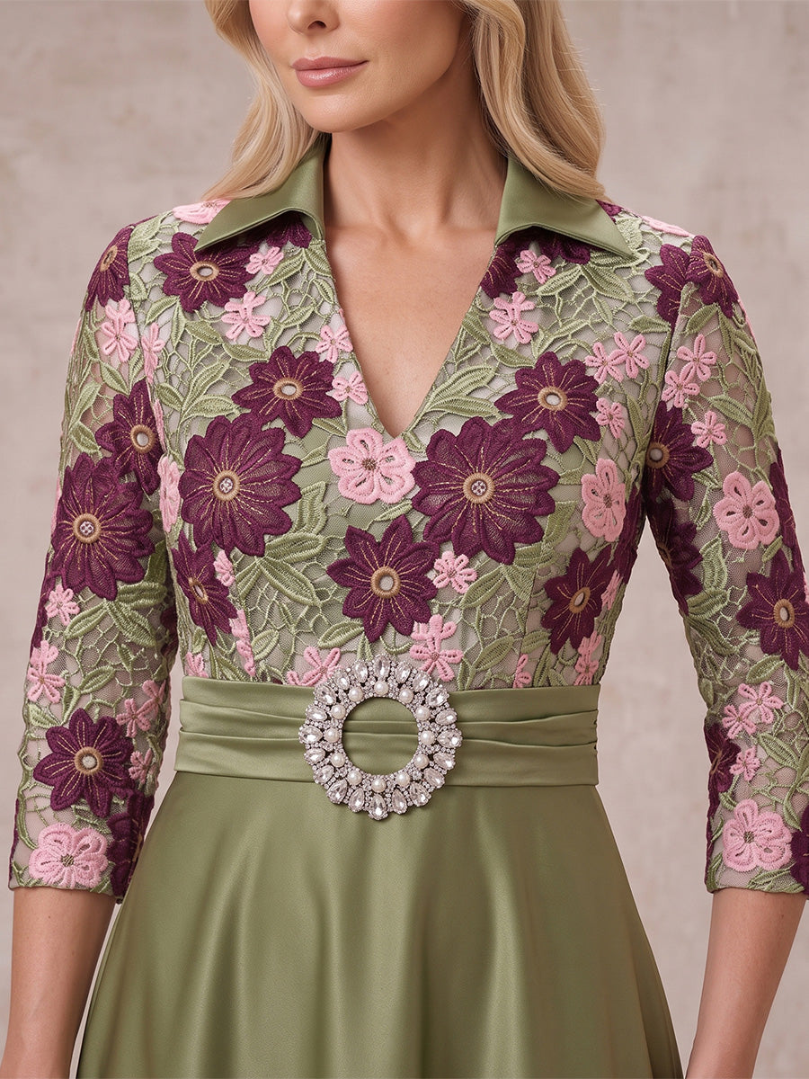 Jacquard Plus Size 3/4 Sleeves Mother of the Bride/Groom Dresses V Neck A Line Floor Length with Belt