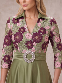 Jacquard Plus Size 3/4 Sleeves Mother of the Bride/Groom Dresses V Neck A Line Floor Length with Belt