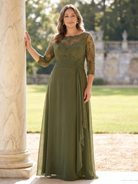 Lace Plus Size 3/4 Sleeves Mother of the Bride/Groom Dresses Round Neck A Line Floor Length