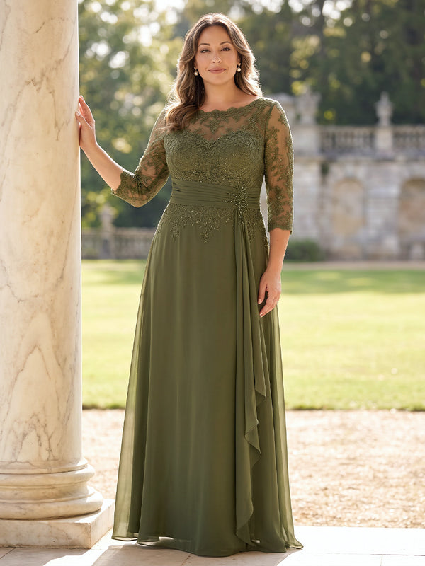Lace Plus Size 3/4 Sleeves Mother of the Bride/Groom Dresses Round Neck A Line Floor Length
